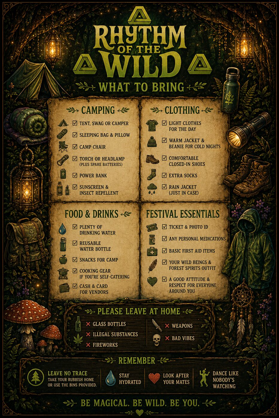 What to bring: camping, clothing, food & drinks, festival essentials